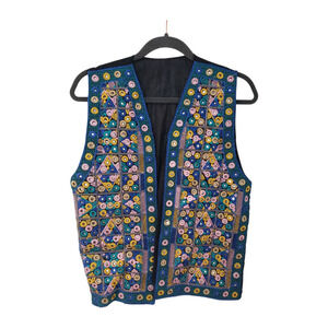 Vintage Boho Mirrorwork Embroidered Vest sz Large Blue Multicolor Festival